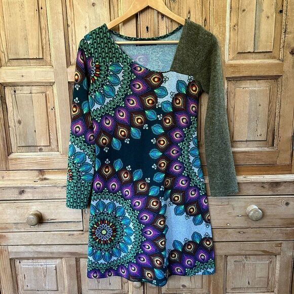 Luna Claire Small Sweater Dress Printed Peacock Colorful Mandala Boho Longsleeve - Picture 1 of 12